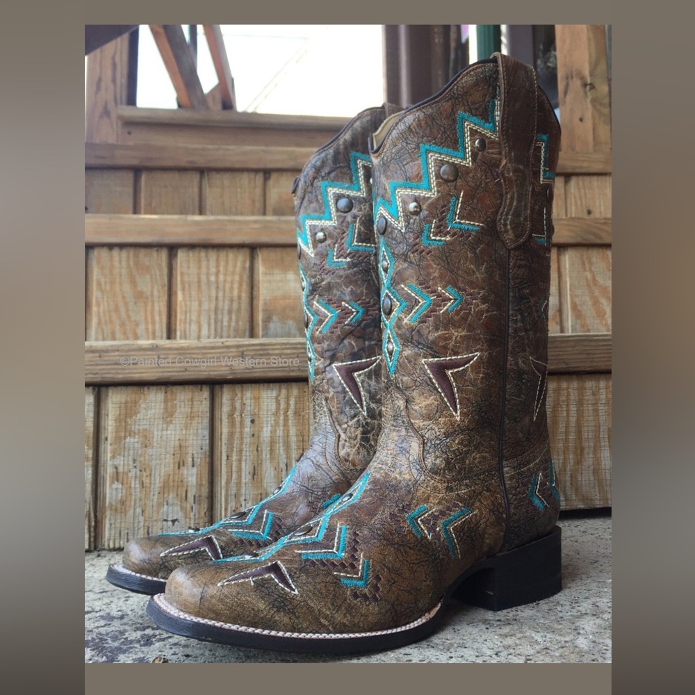Corral Boots Bronze & Turquoise Aztec Square Toe Cowboy Boots, NIB size 5.5